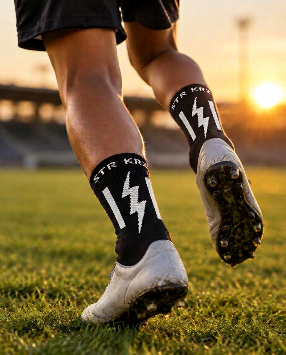 Soccer player cutting on grass in black grip socks